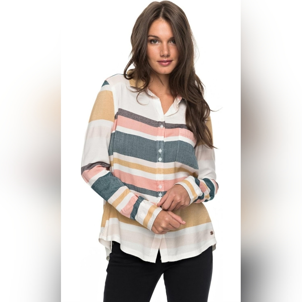 Roxy Long Sleeve Shirt Striped Multicolor Button-Up Women's Top Blue Yellow Pink